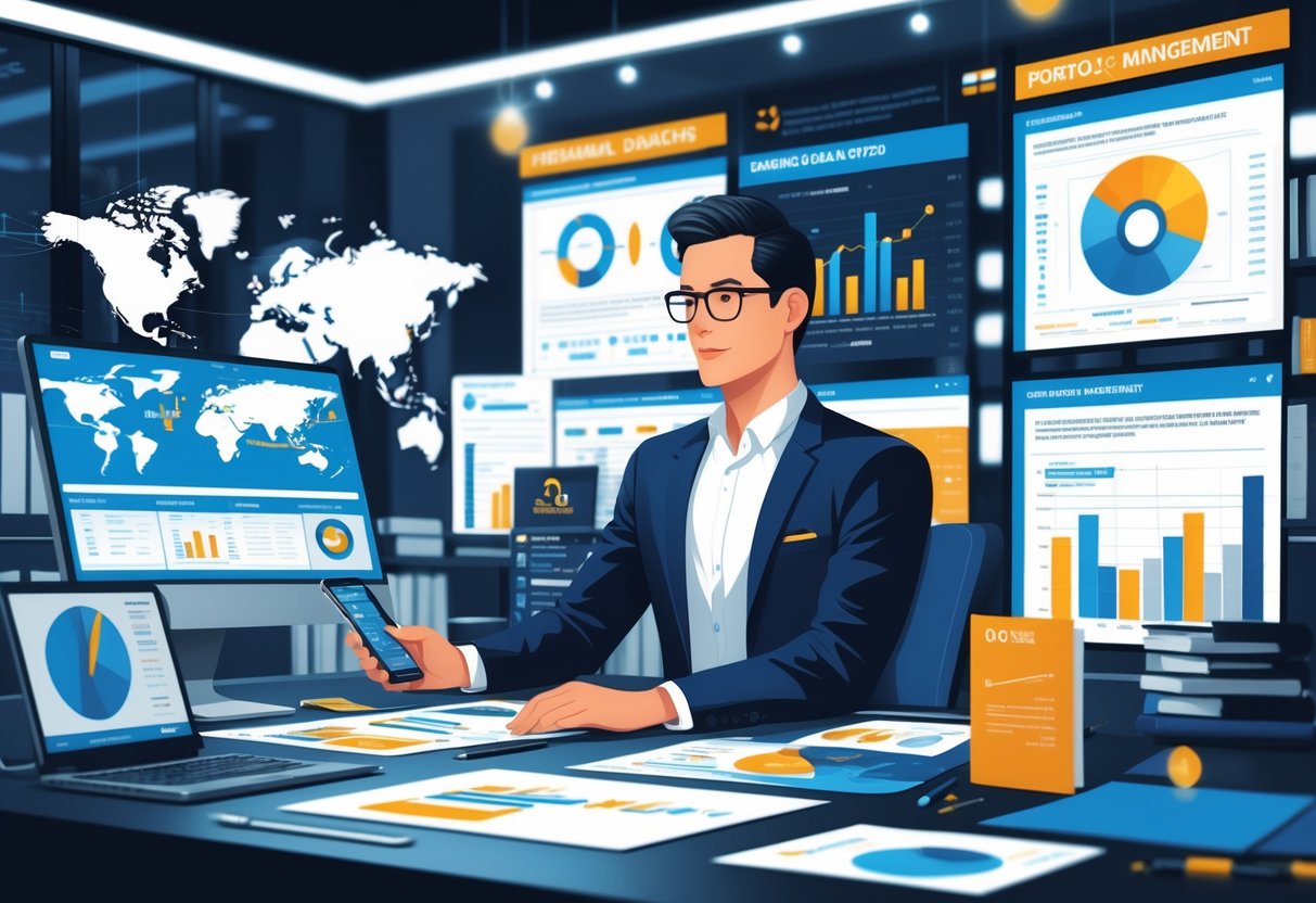 7 Banking Resume Examples & Guide for 2025: Stand Out in Financial Job Applications 5 A banking professional reviewing financial charts and data on multiple screens in a modern office with a world map and financial symbols in the background.
