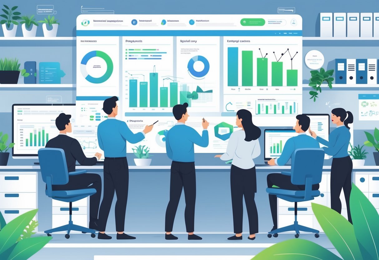 10 Data Manager Resume Examples & Guide for 2025: Expert Tips and Proven Formats 1 A group of professionals collaborating around a large digital dashboard displaying charts and data in a modern office setting.