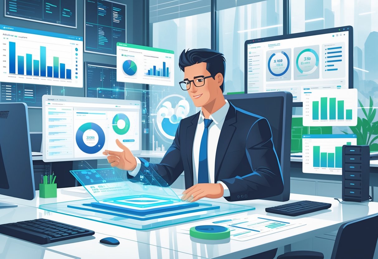 10 Data Manager Resume Examples & Guide for 2025: Expert Tips and Proven Formats 2 A person working with floating data charts and digital screens in a modern office setting, illustrating data management expertise.