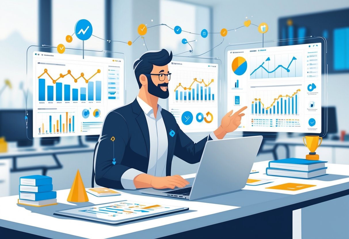 10 Data Manager Resume Examples & Guide for 2025: Expert Tips and Proven Formats 4 A data manager working with digital screens showing charts and data flow in a modern office setting.