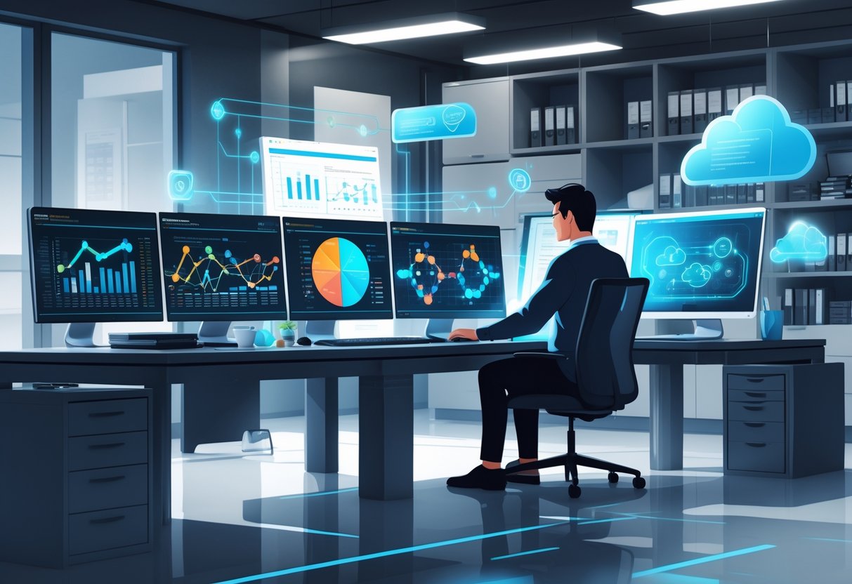 10 Data Manager Resume Examples & Guide for 2025: Expert Tips and Proven Formats 5 A data manager working at a desk with multiple monitors showing data visualizations and technical interfaces related to data warehousing and ETL processes in a modern office.