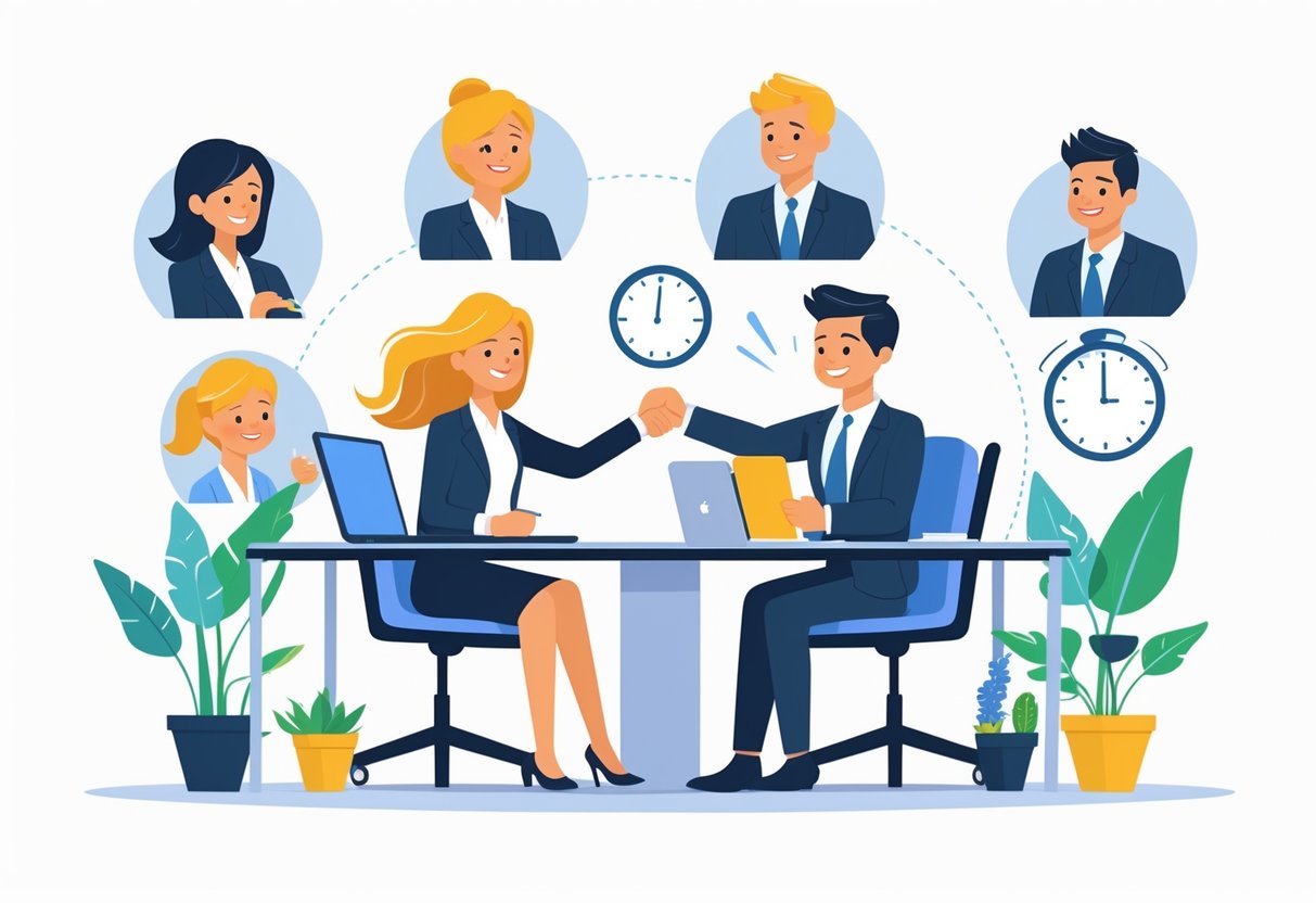 7 Surefire Signs That Your Job Interview Was a Success and What to Expect Next 1 A job candidate and interviewer shaking hands across a desk with six smaller scenes showing positive interview signs like smiling, eye contact, note-taking, portfolio presentation, welcoming gestures, and a clock indicating a long interview.