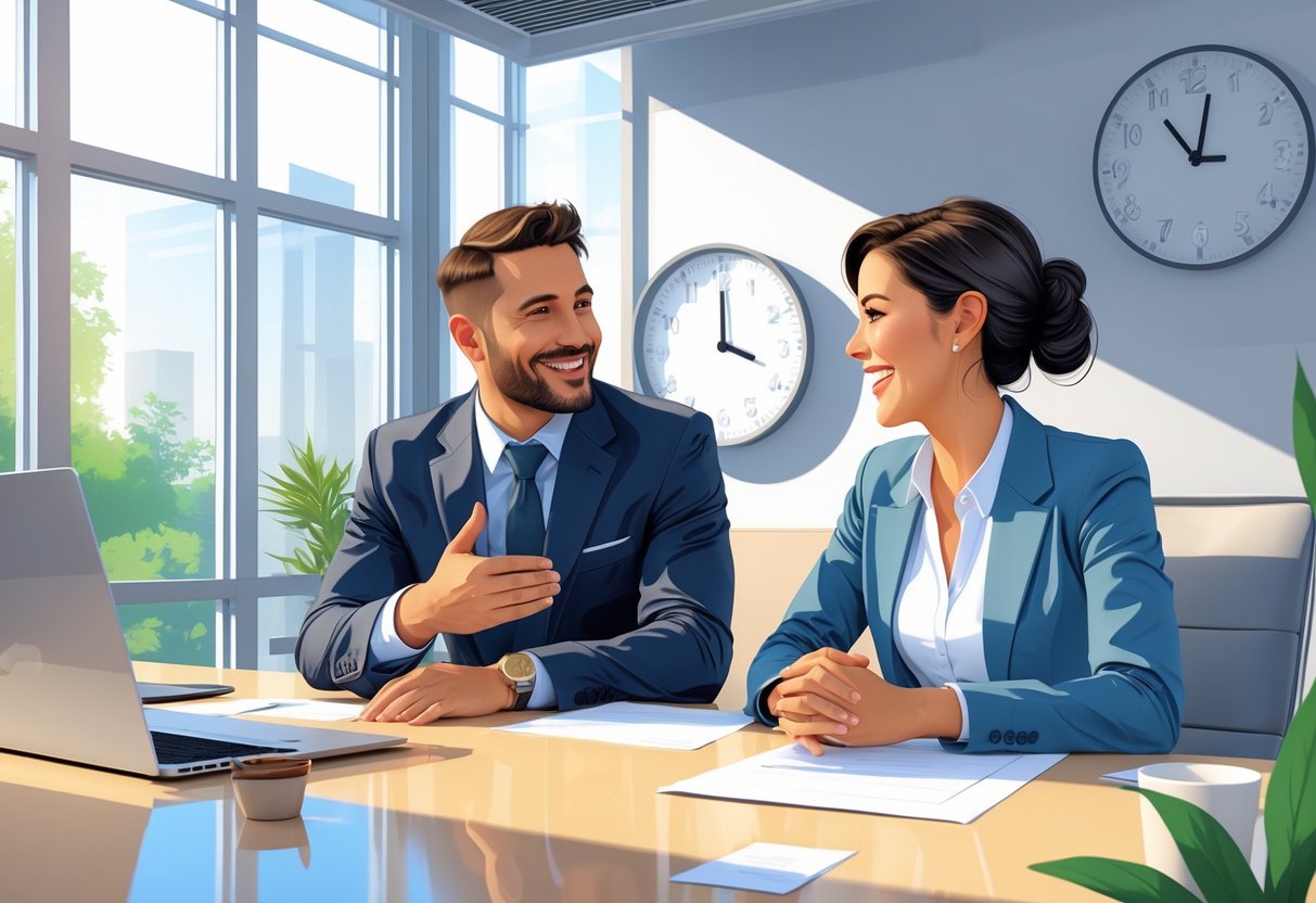 7 Surefire Signs That Your Job Interview Was a Success and What to Expect Next 3 A job interview in a modern office where the candidate and interviewer are smiling and talking, showing a positive and extended conversation.