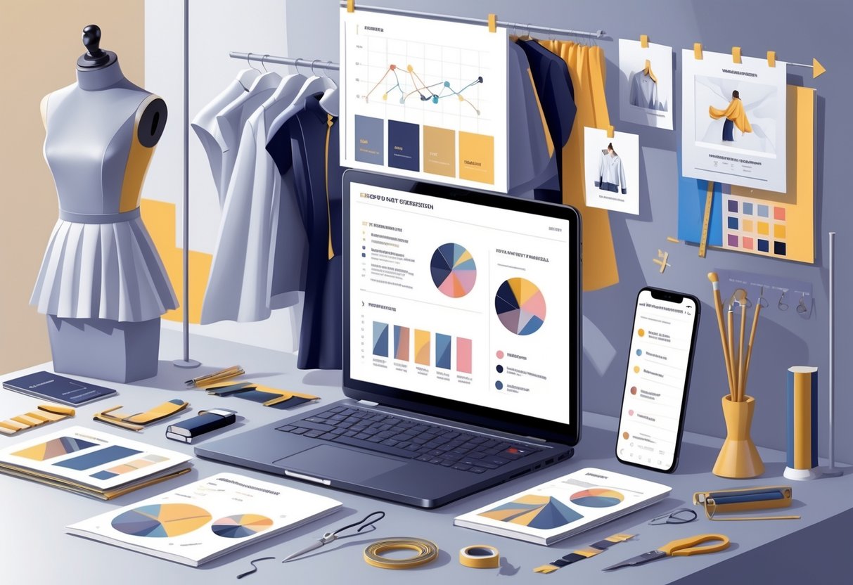 A modern workspace with fashion sketches, design tools, a laptop, and mannequins showcasing clothing, representing a fashion designer's portfolio and resume concept.