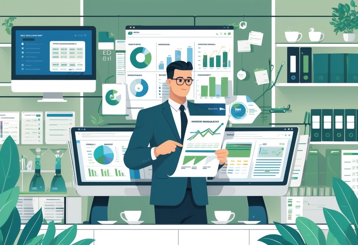 10 Food and Beverage Manager Resume Examples & Guide for 2025: Expert Tips and Proven Templates 1 A food and beverage manager working at a desk with documents, digital tablets, and food-related items in a modern office setting.