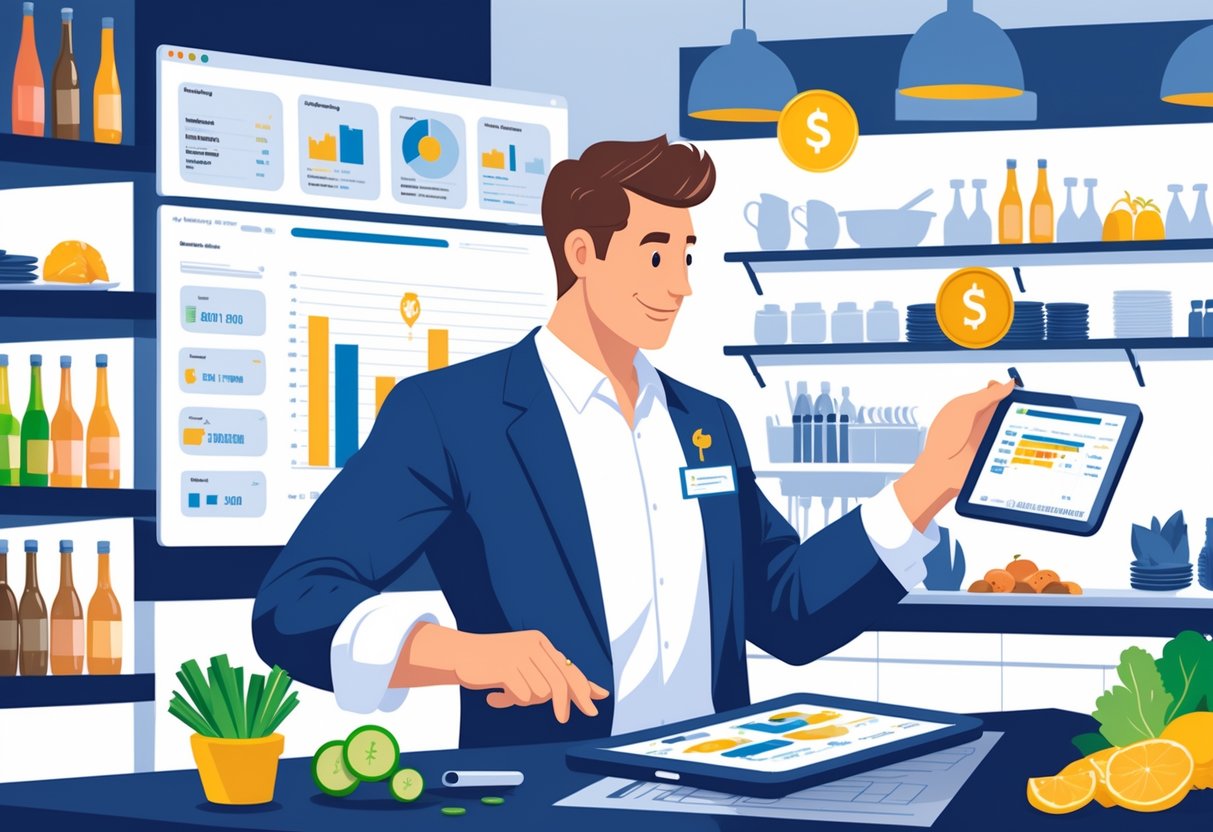 10 Food and Beverage Manager Resume Examples & Guide for 2025: Expert Tips and Proven Templates 2 A Food and Beverage Manager reviewing financial charts on a tablet in a restaurant with shelves of food and drinks and a kitchen in the background.
