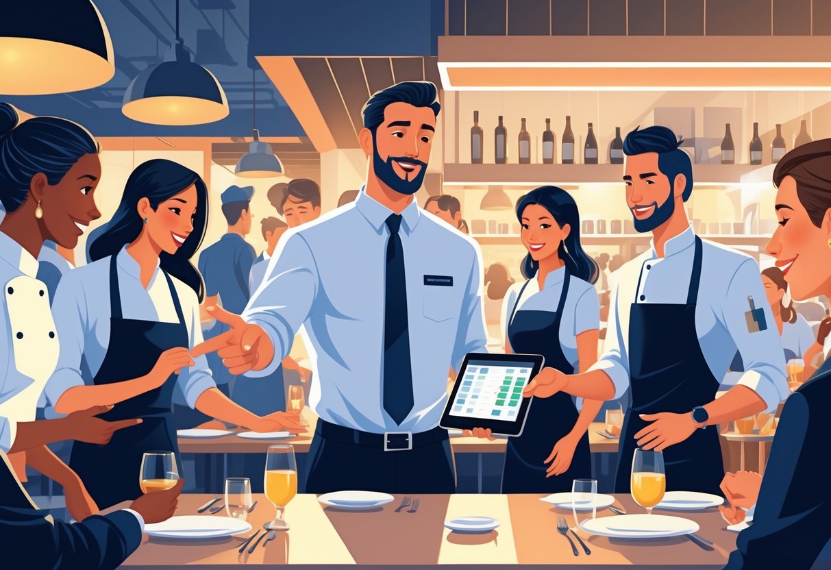 10 Food and Beverage Manager Resume Examples & Guide for 2025: Expert Tips and Proven Templates 4 A Food and Beverage Manager leading a diverse team in a busy restaurant, engaging with staff and coordinating activities.