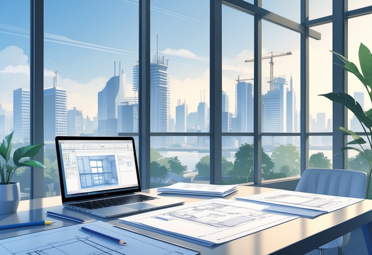 6 Professional Architect Cover Letter Examples for 2025: Expert Templates for Your Next Job Application 2 An architect's workspace with blueprints, a laptop, drafting tools, and a city skyline visible through large windows.
