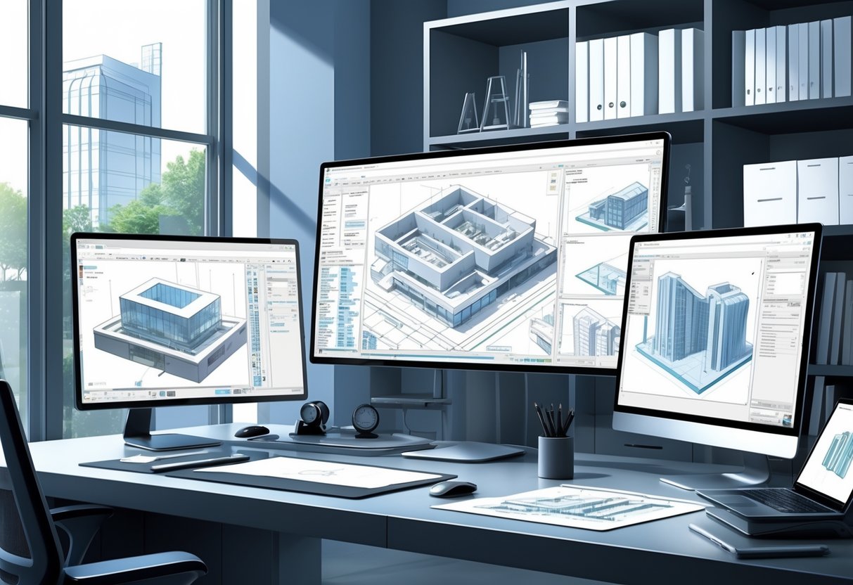 6 Professional Architect Cover Letter Examples for 2025: Expert Templates for Your Next Job Application 3 An architect's workspace with multiple monitors showing architectural designs and 3D building models, surrounded by digital drawing tools and scale models in a bright, organized office.