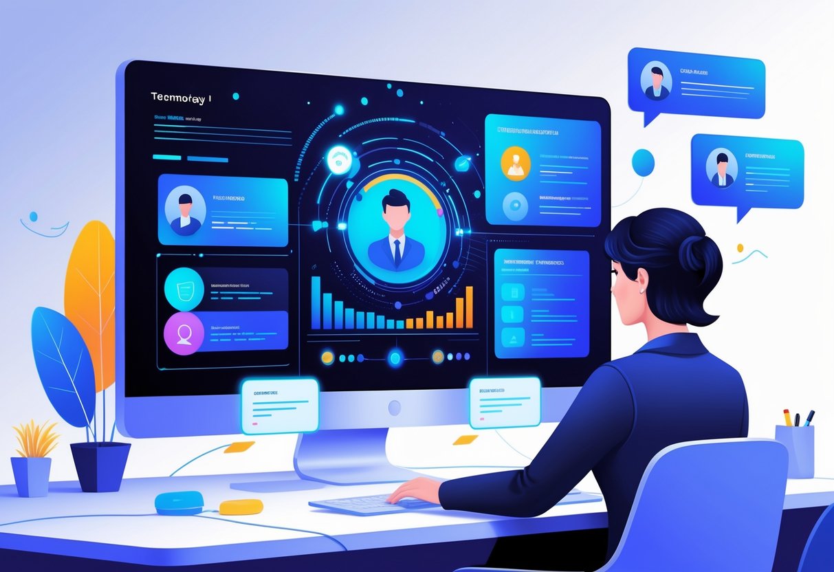 RoboApply Resume Summary Generator - ChatGPT Powered Tool for Effortless Professional Summaries 2 A person working at a modern computer with holographic data and icons representing AI-powered resume summary creation.