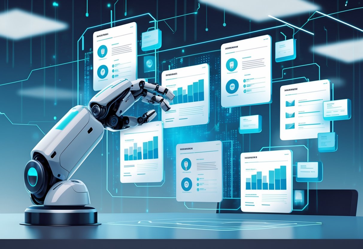 RoboApply Resume Summary Generator - ChatGPT Powered Tool for Effortless Professional Summaries 5 A robotic arm managing multiple floating digital resume screens in a high-tech office environment.