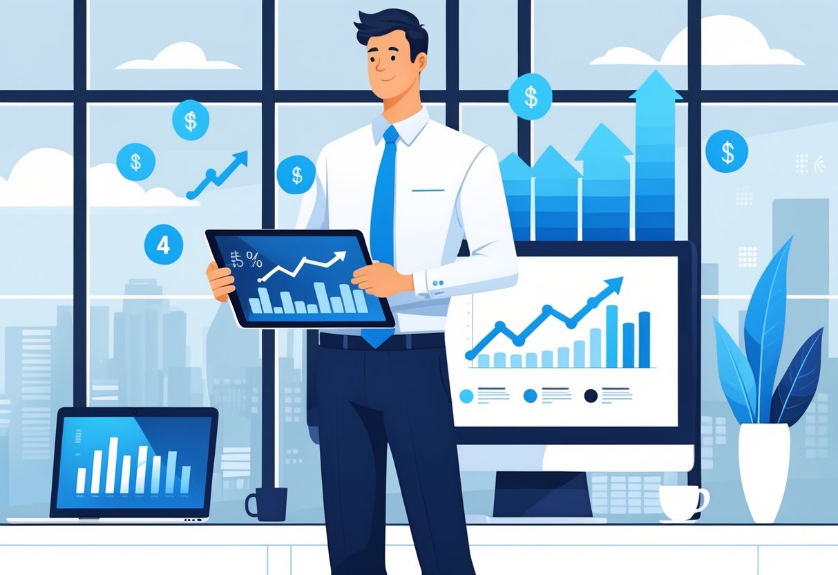 10 Sales Representative Resume Examples & Guide for 2025: Tips, Templates, and Writing Advice 4 A sales representative in business attire holding a tablet with graphs and charts in a modern office setting with a city skyline visible through a window.
