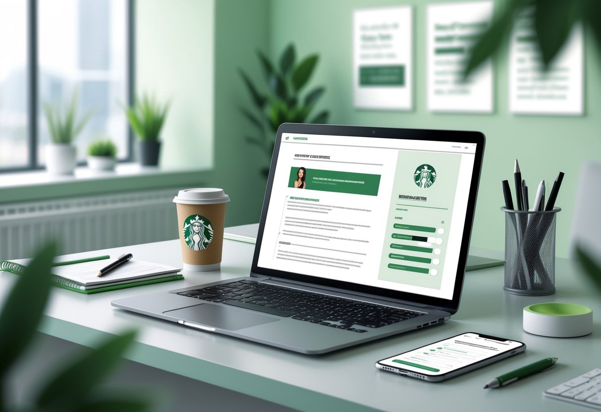 9 Starbucks Resume Examples & Guide for 2025: Templates, Tips, and Writing Strategies 1 A workspace with a laptop showing a digital resume, a Starbucks coffee cup, and office supplies on a desk in a bright office setting.