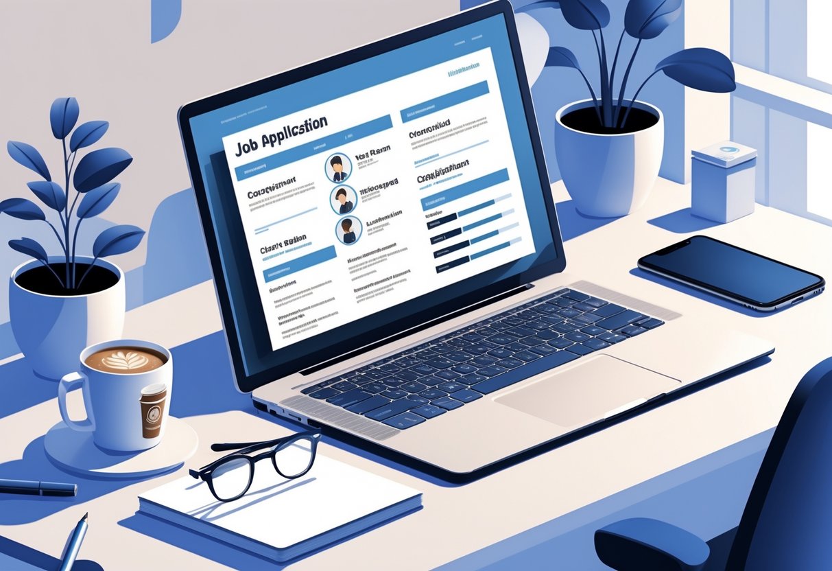 9 Starbucks Resume Examples & Guide for 2025: Templates, Tips, and Writing Strategies 2 A workspace with a laptop showing a resume layout, a coffee cup, smartphone, notepad, and glasses on a desk.