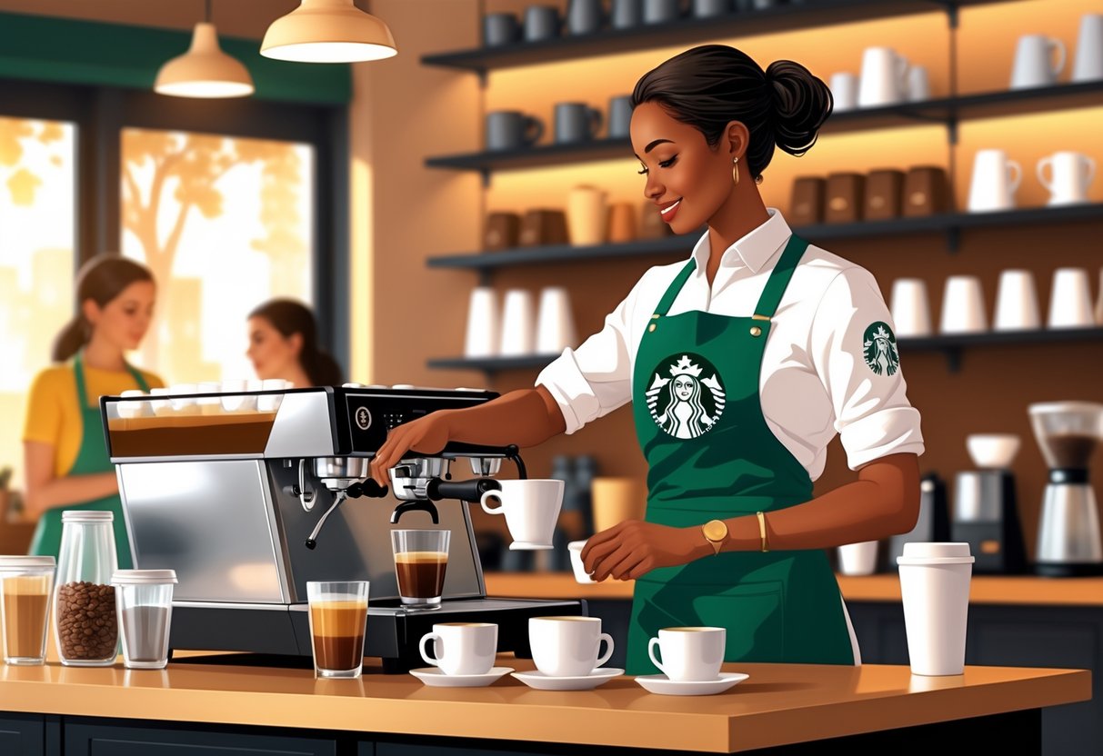 9 Starbucks Resume Examples & Guide for 2025: Templates, Tips, and Writing Strategies 4 A Starbucks barista preparing coffee behind a counter in a busy café with customers in the background.