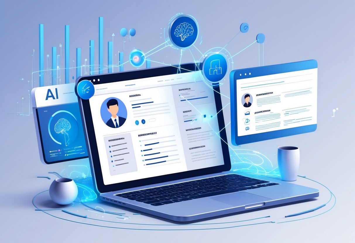 Get a Free Instant AI Resume Review to Improve Your Job Applications 4 A workspace with a laptop showing a resume and job description connected by glowing lines, surrounded by icons representing AI and data analysis.