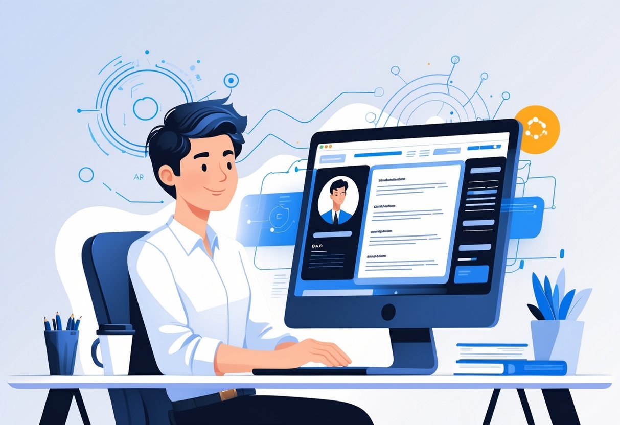 Get a Free Instant AI Resume Review to Improve Your Job Applications 5 A professional person sitting at a desk with a laptop, reviewing a digital resume with AI technology elements in the background.