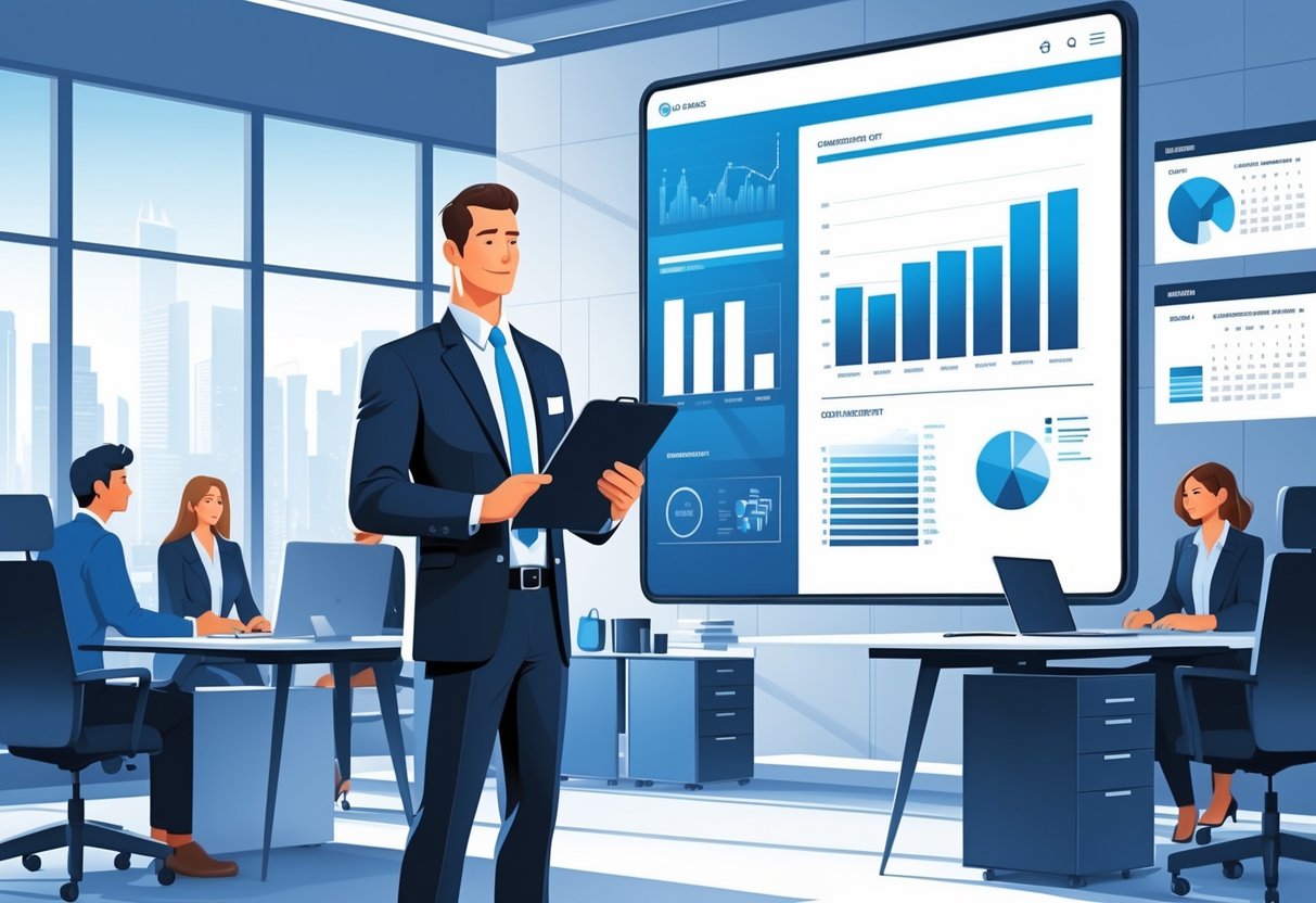 10 District Manager Resume Examples & Guide for 2025: Craft a Competitive Application 1 A district manager in business attire reviewing charts on a digital screen in a modern office with a team working in the background.