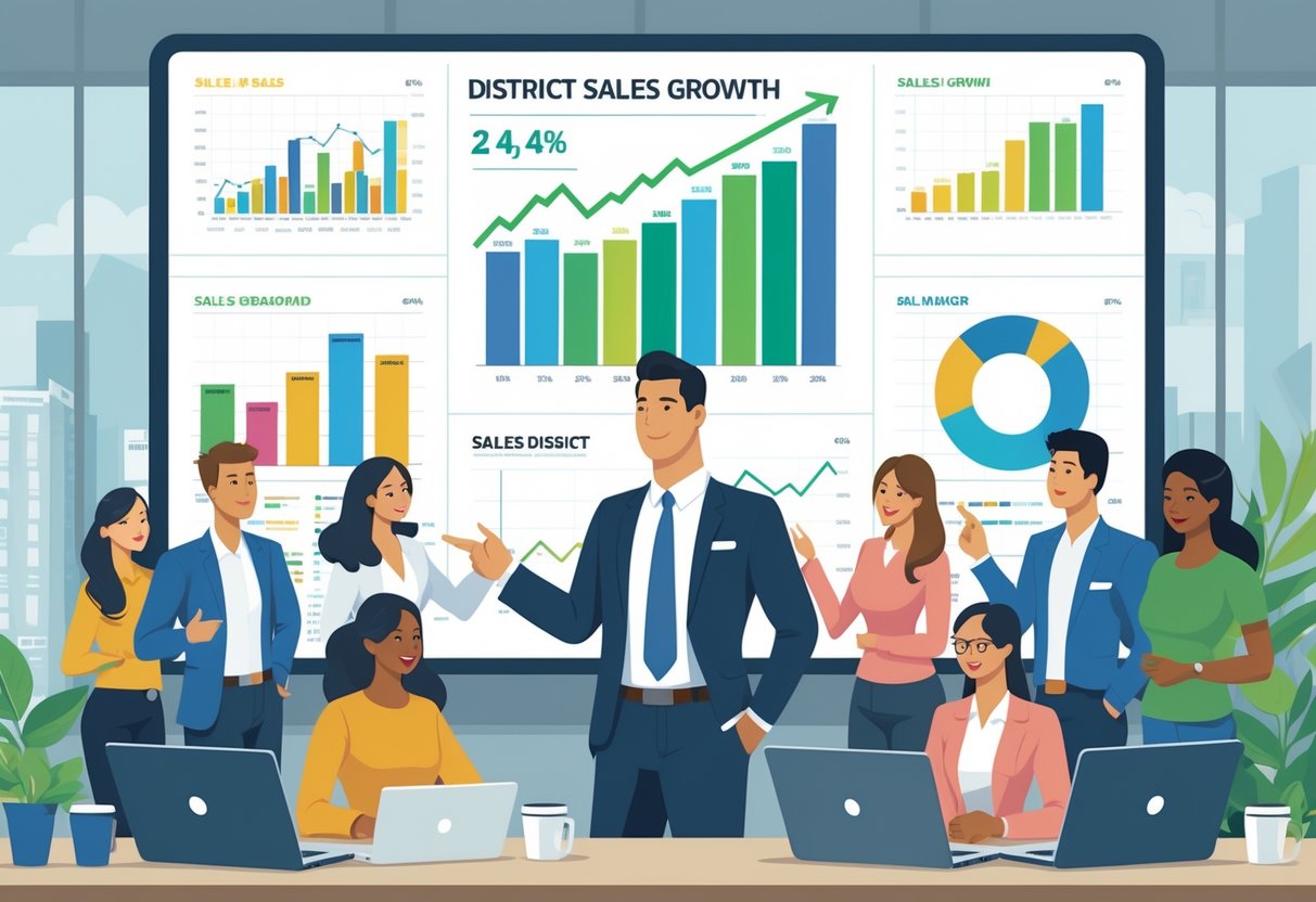10 District Manager Resume Examples & Guide for 2025: Craft a Competitive Application 2 A district manager stands in front of a digital dashboard showing sales graphs while team members collaborate around a modern office.