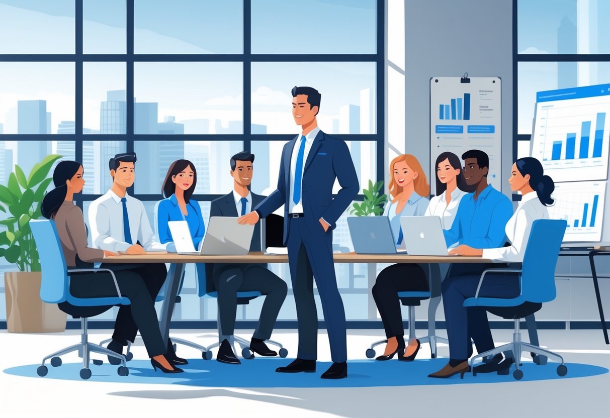 10 District Manager Resume Examples & Guide for 2025: Craft a Competitive Application 3 A district manager leading a team of ten employees in a modern office around a conference table, collaborating and discussing work.