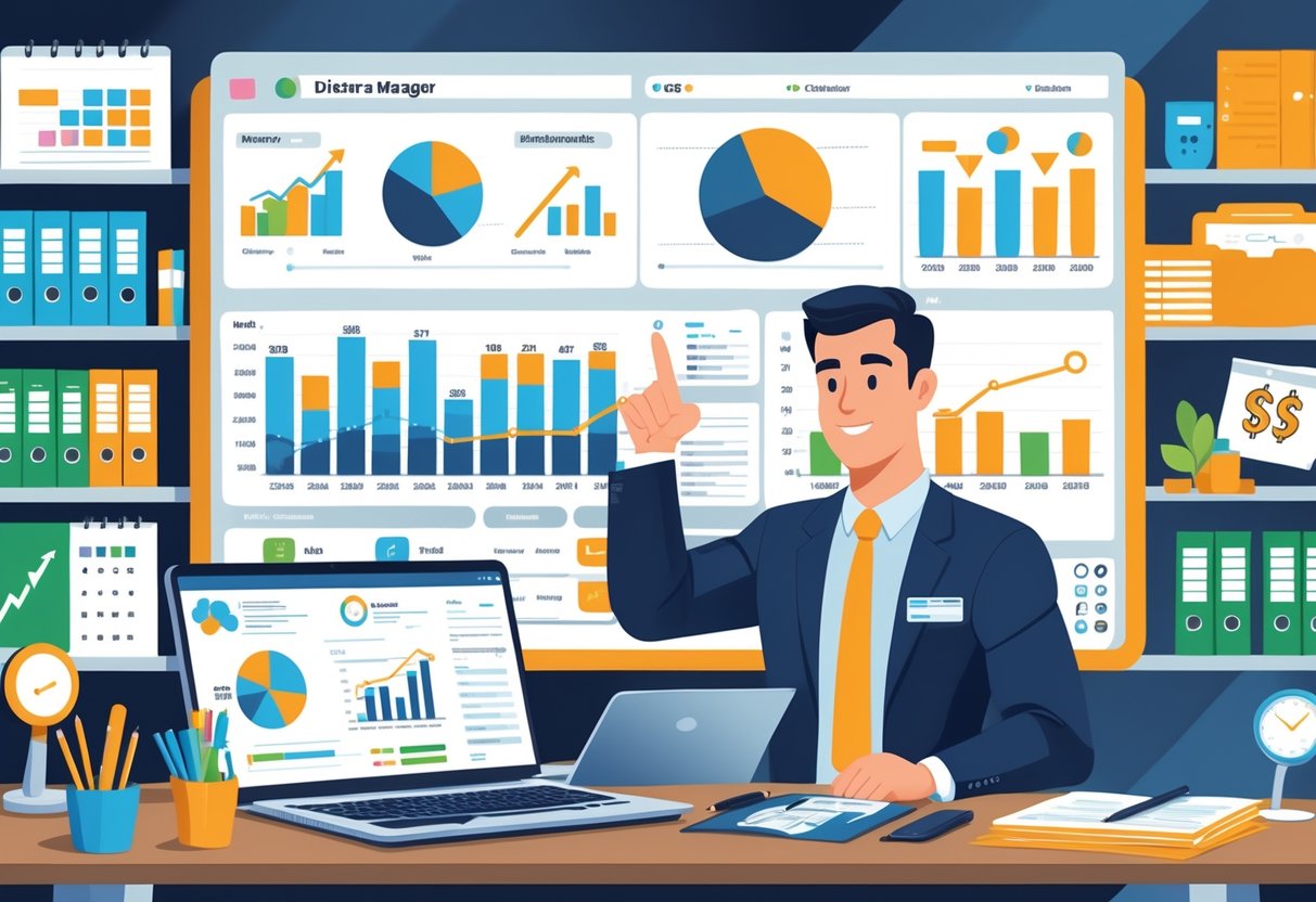 10 District Manager Resume Examples & Guide for 2025: Craft a Competitive Application 4 A district manager analyzing financial charts and graphs on a digital dashboard in a modern office, surrounded by icons representing budget and cost control skills.