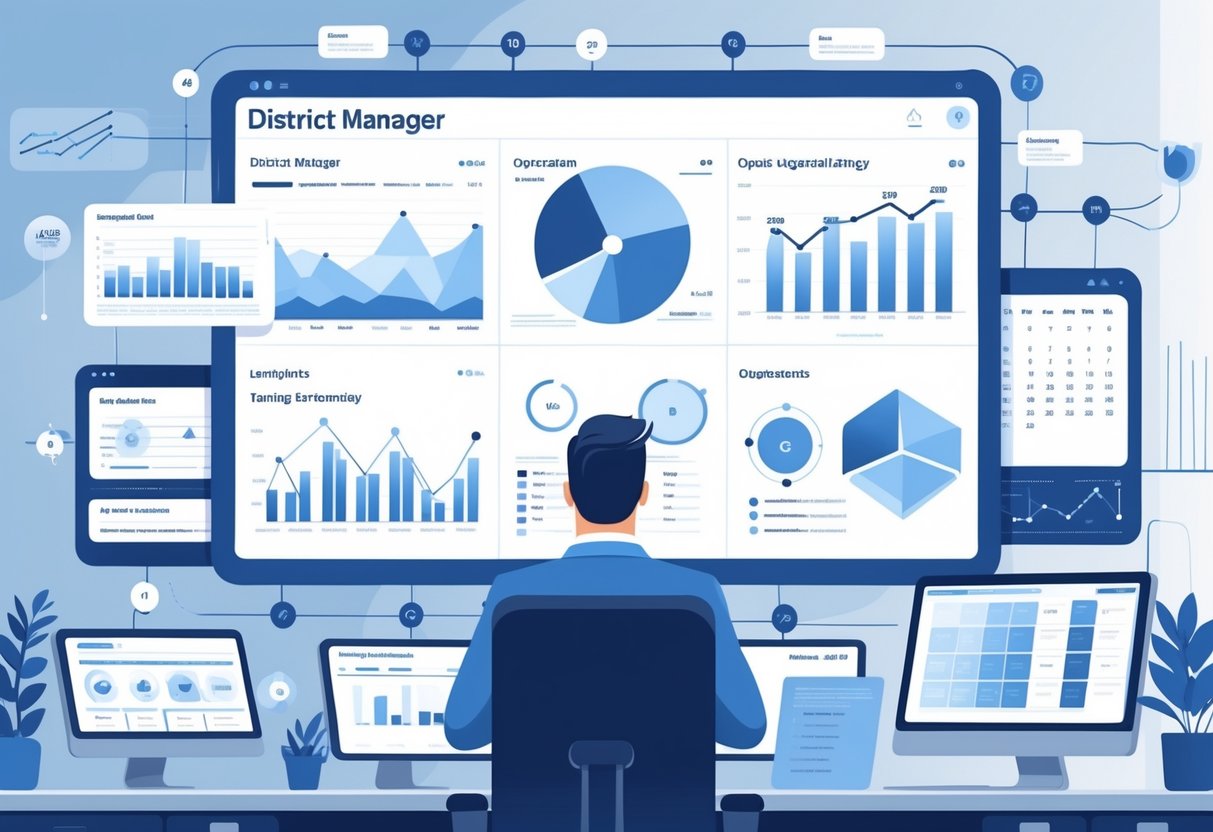 10 District Manager Resume Examples & Guide for 2025: Craft a Competitive Application 5 A district manager reviewing charts and graphs on a digital dashboard in a modern office setting.