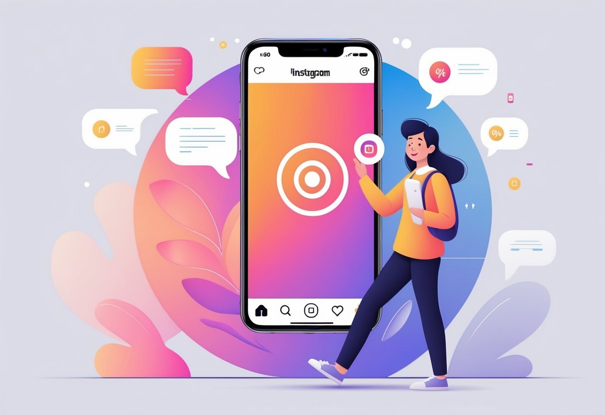 How to get 20% off your RoboApply plan and maximize your savings 2 A person holding a smartphone showing an Instagram direct message screen with icons representing communication and discounts.