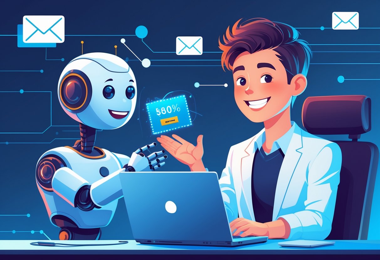 How to get 20% off your RoboApply plan and maximize your savings 3 A robot handing a glowing discount coupon to a smiling person sitting at a desk with a laptop, surrounded by digital technology icons.