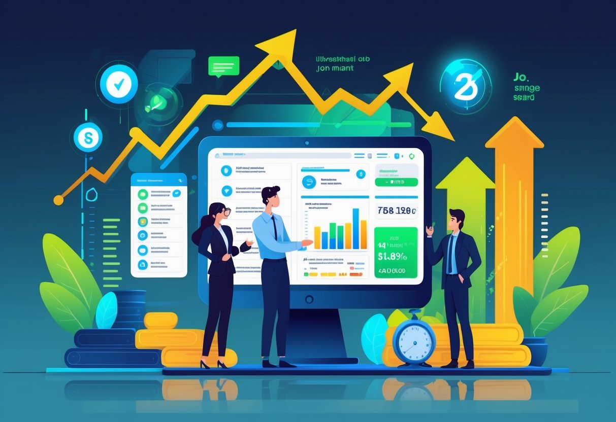How to get 20% off your RoboApply plan and maximize your savings 5 A young professional interacting with a digital job application interface surrounded by upward-trending graphs and symbols representing special offers and urgency in a modern office setting.
