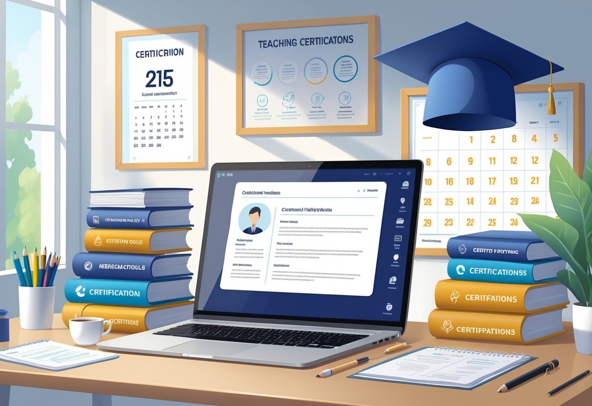 5 New Teacher Resume Examples & Guide for 2025: Templates and Tips for Success 3 A tidy workspace with a laptop, books, certificates, and teaching materials arranged on a desk under natural light.
