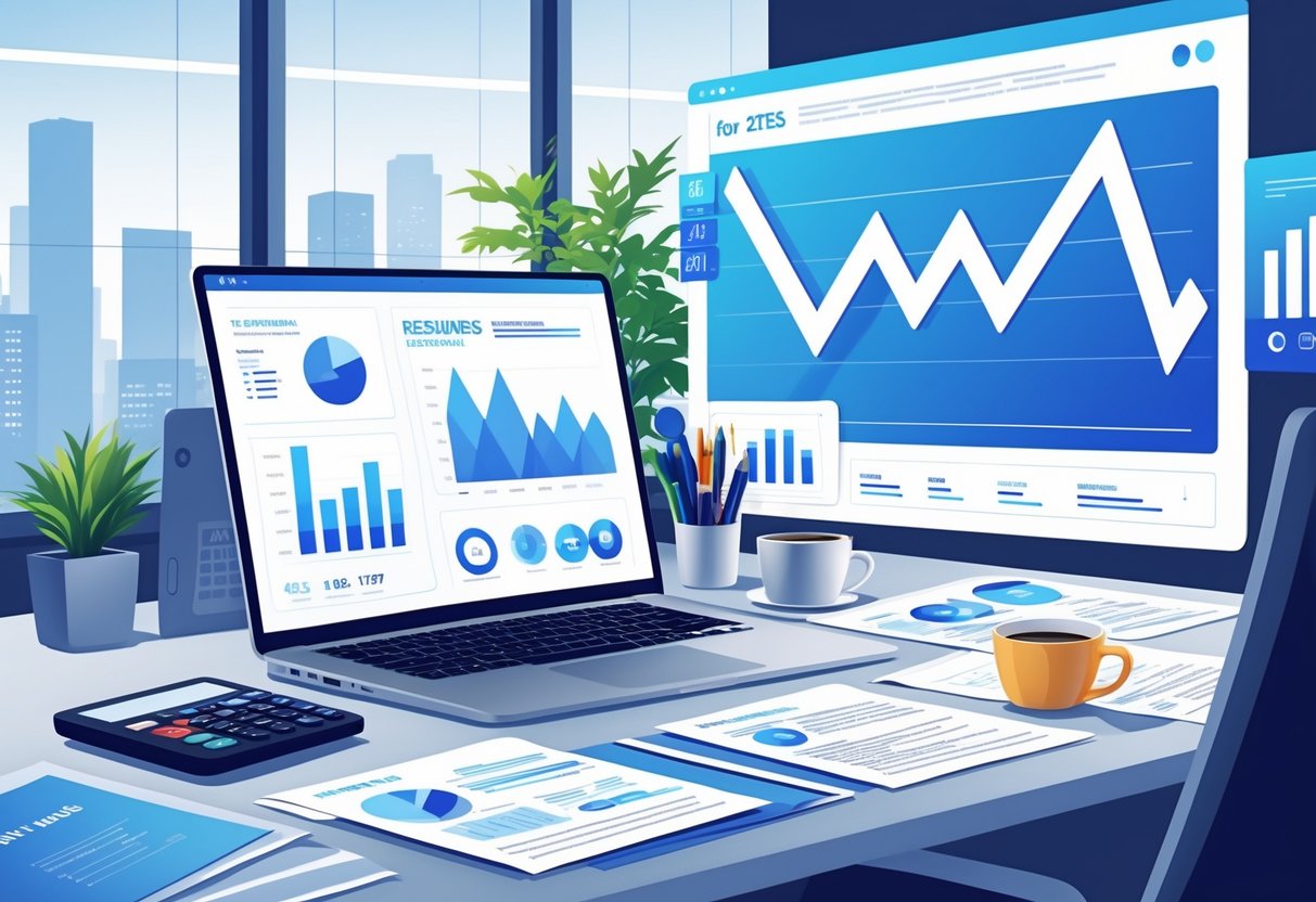 A workspace with a laptop, financial charts, documents, and office items representing a financial analyst preparing resumes.