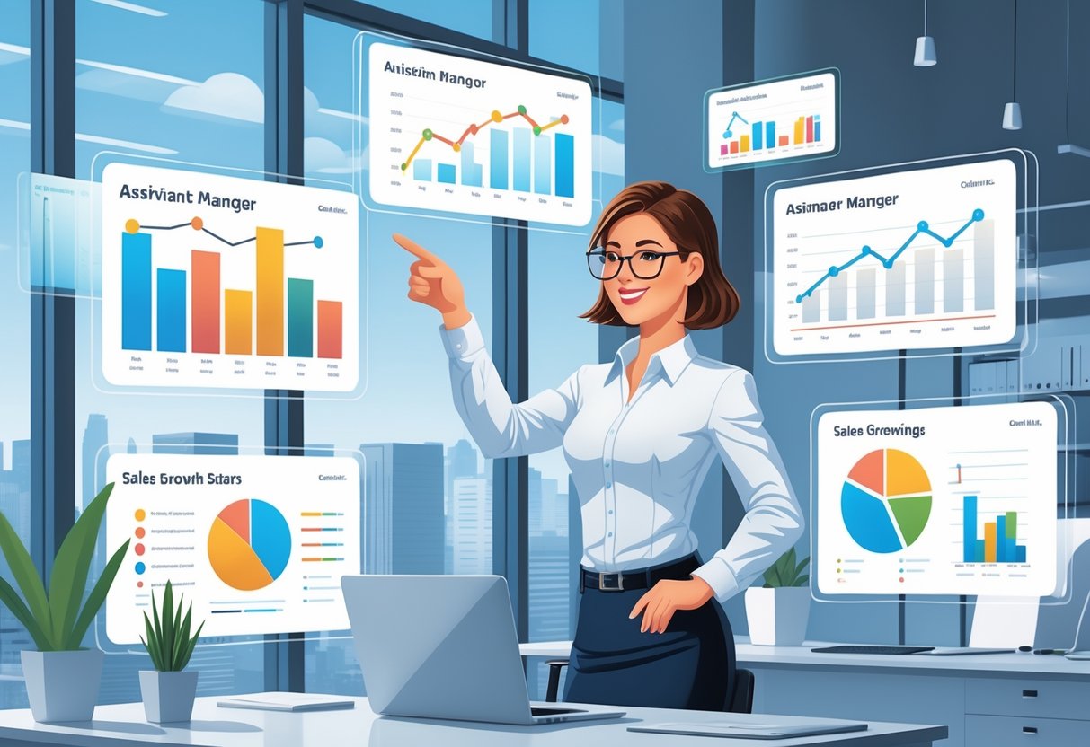 9 Assistant Manager Resume Examples to Help You Get Noticed in 2025 4 An assistant manager in an office analyzing sales growth charts and graphs on floating digital screens.