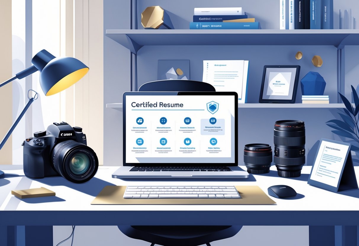 9 Photographer Resume Examples & Guide for 2025: Proven Formats and Expert Tips 5 A workspace with photography equipment, a laptop showing a digital resume with certification badges, and a bookshelf with photography books and awards.