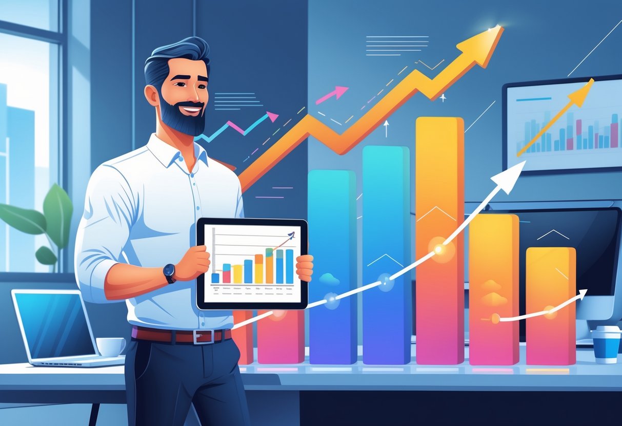 7 Self Employed Business Owner- Resume Examples to Showcase Your Entrepreneurial Skills 2 A self-employed business owner standing next to a large bar chart showing revenue growth in a modern office setting.