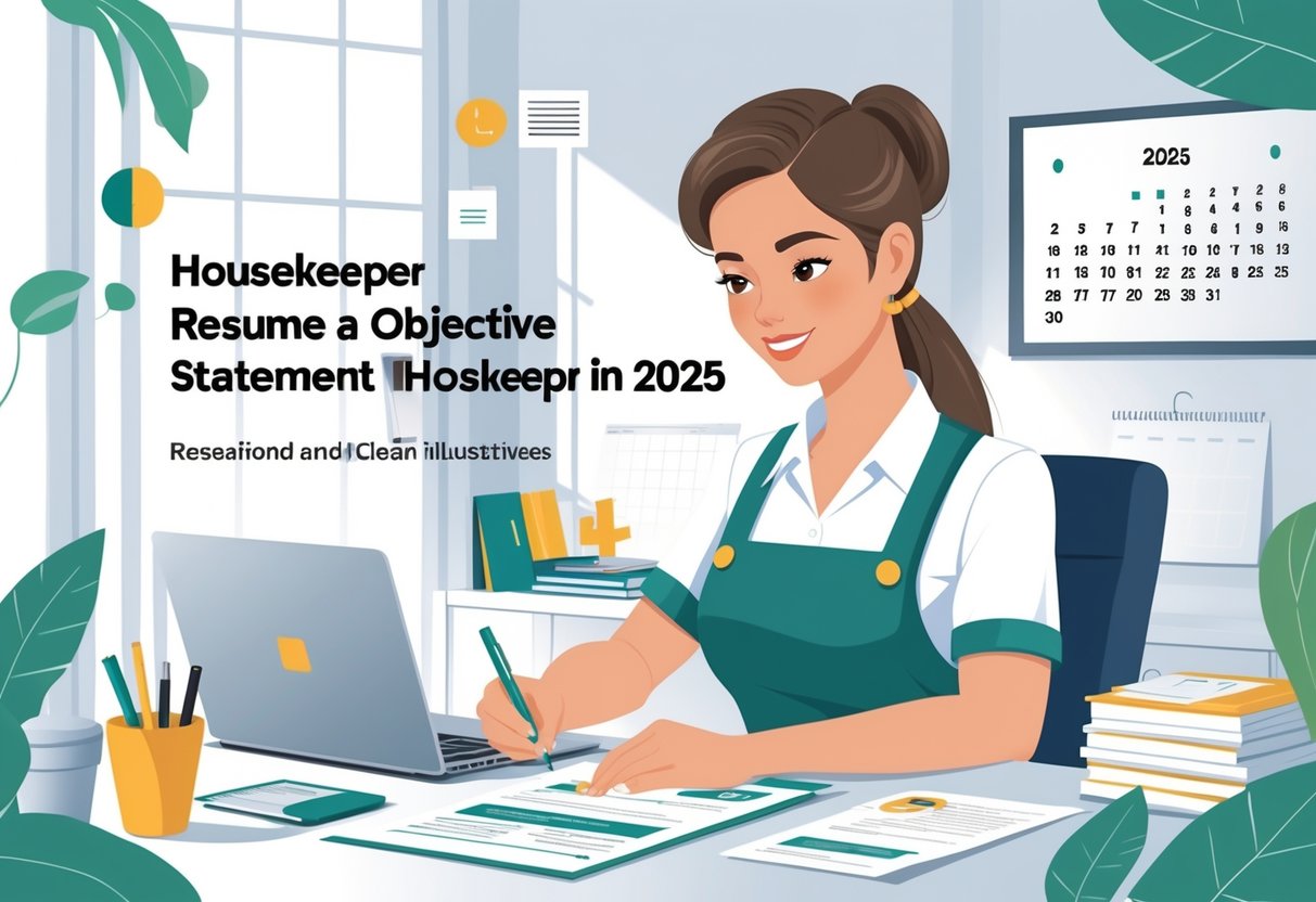 7 Housekeeper Resume Examples & Guide for 2025: Templates, Skills, and Writing Tips 2 A housekeeper in uniform working at a desk with papers and a laptop in a bright, tidy room preparing a resume.