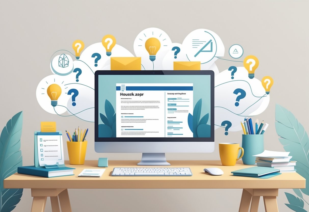7 Housekeeper Resume Examples & Guide for 2025: Templates, Skills, and Writing Tips 5 A tidy workspace with a laptop showing a resume template, coffee cup, and stationery, surrounded by icons representing questions and guidance.