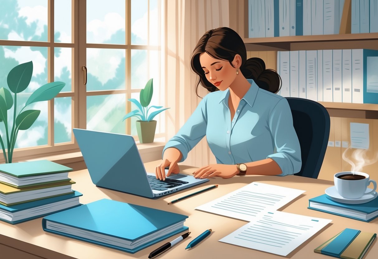 How to Write a Reference Letter: A Guide with Examples for Professionals and Students 1 Person working at a desk writing on a laptop with books and papers around in a well-lit office.
