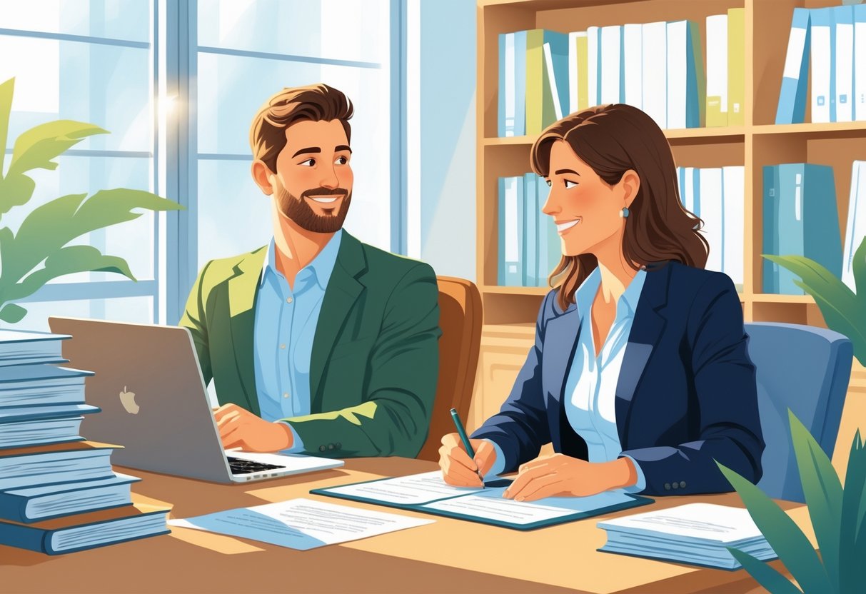 How to Write a Reference Letter: A Guide with Examples for Professionals and Students 2 Two people in an office engaged in a supportive conversation, one taking notes while the other speaks.