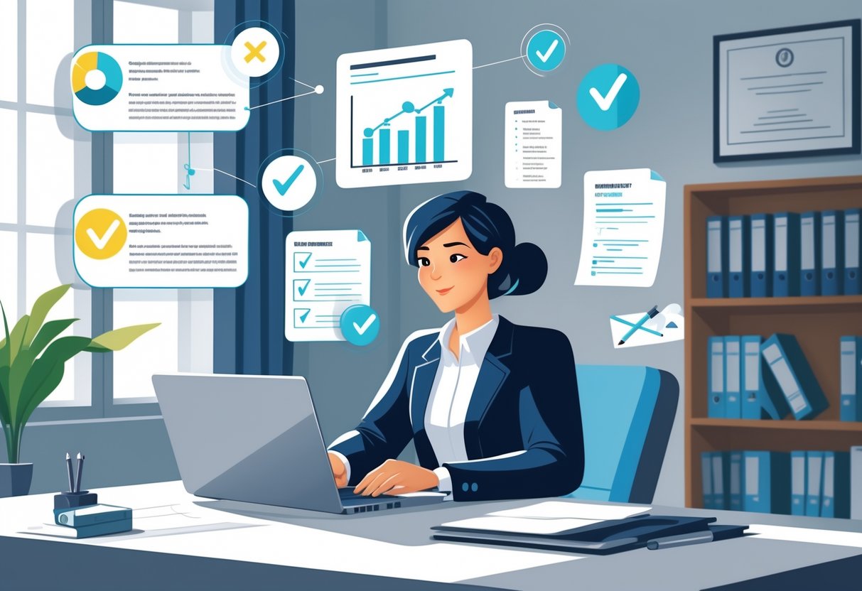 How to Write a Reference Letter: A Guide with Examples for Professionals and Students 4 A person typing a letter at a desk surrounded by charts, checklists, and documents representing measurable accomplishments.