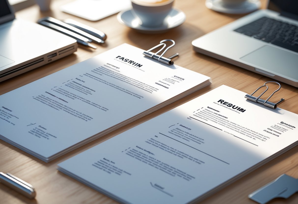 Is It Better To Staple Or Paperclip A Resume: Best Practices for Job Applications 1 Two resumes on a wooden desk, one held with a paperclip and the other with a staple, surrounded by office items like a laptop, pen, and coffee cup.