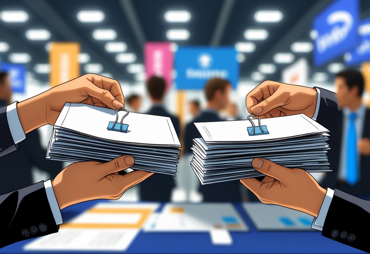 Is It Better To Staple Or Paperclip A Resume: Best Practices for Job Applications 4 Two hands holding multi-page resumes, one stapled and one paperclipped, at a busy job fair with booths and people in the background.