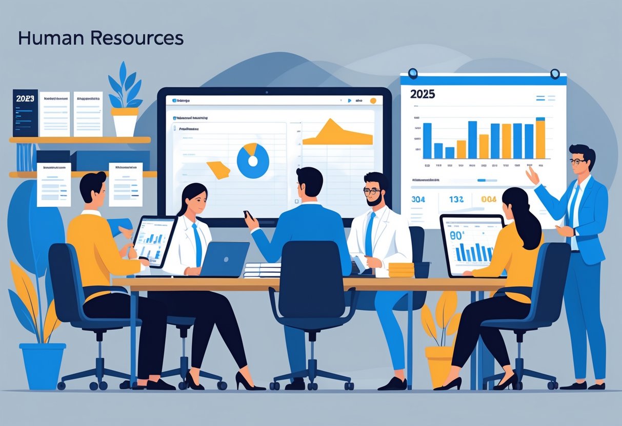 Five professionals working together in an office setting, reviewing resumes, conducting interviews, and analyzing data related to Human Resources.