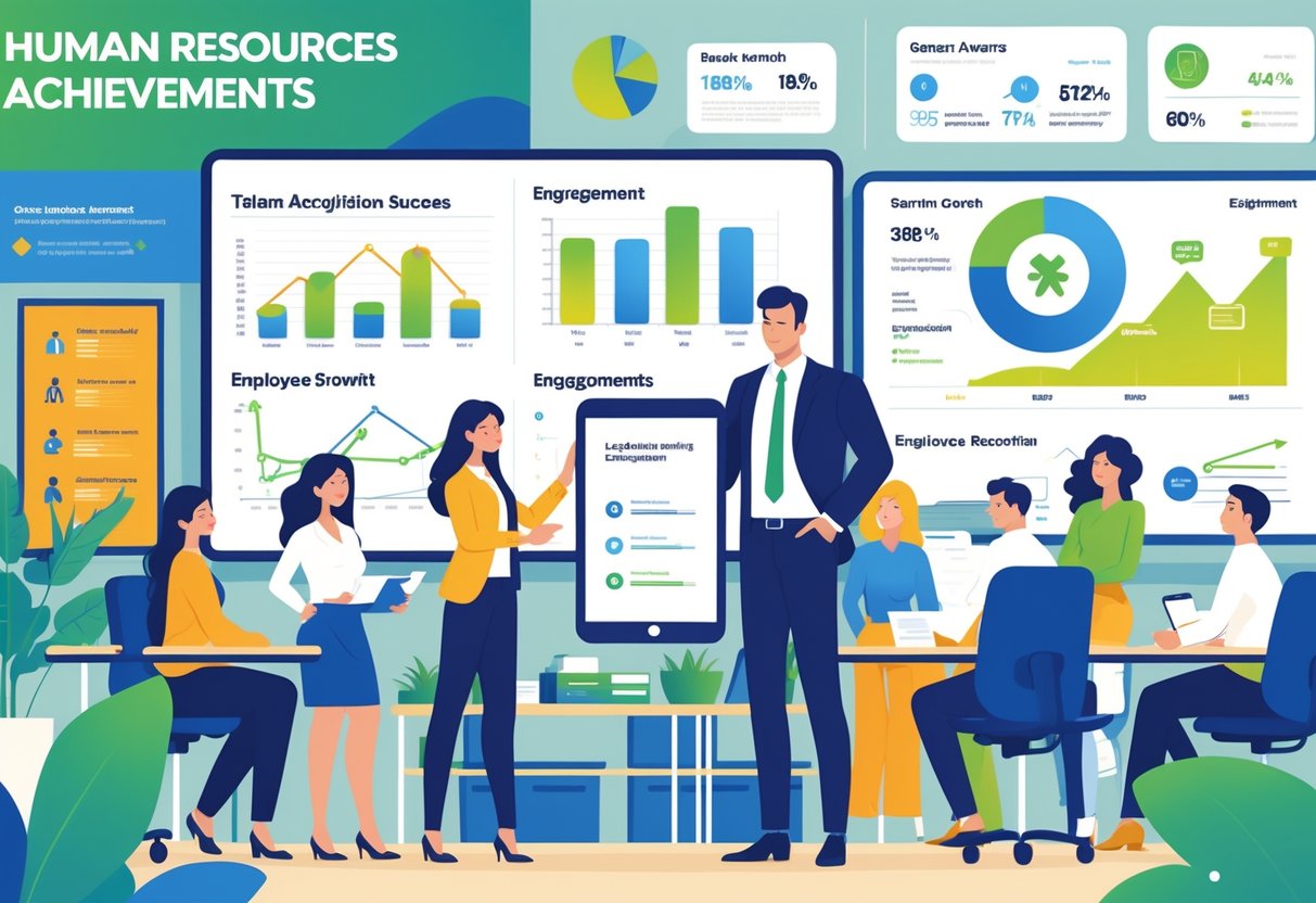 An HR manager reviewing resumes with diverse employees collaborating in an office, surrounded by charts and awards representing talent acquisition and employee engagement achievements.