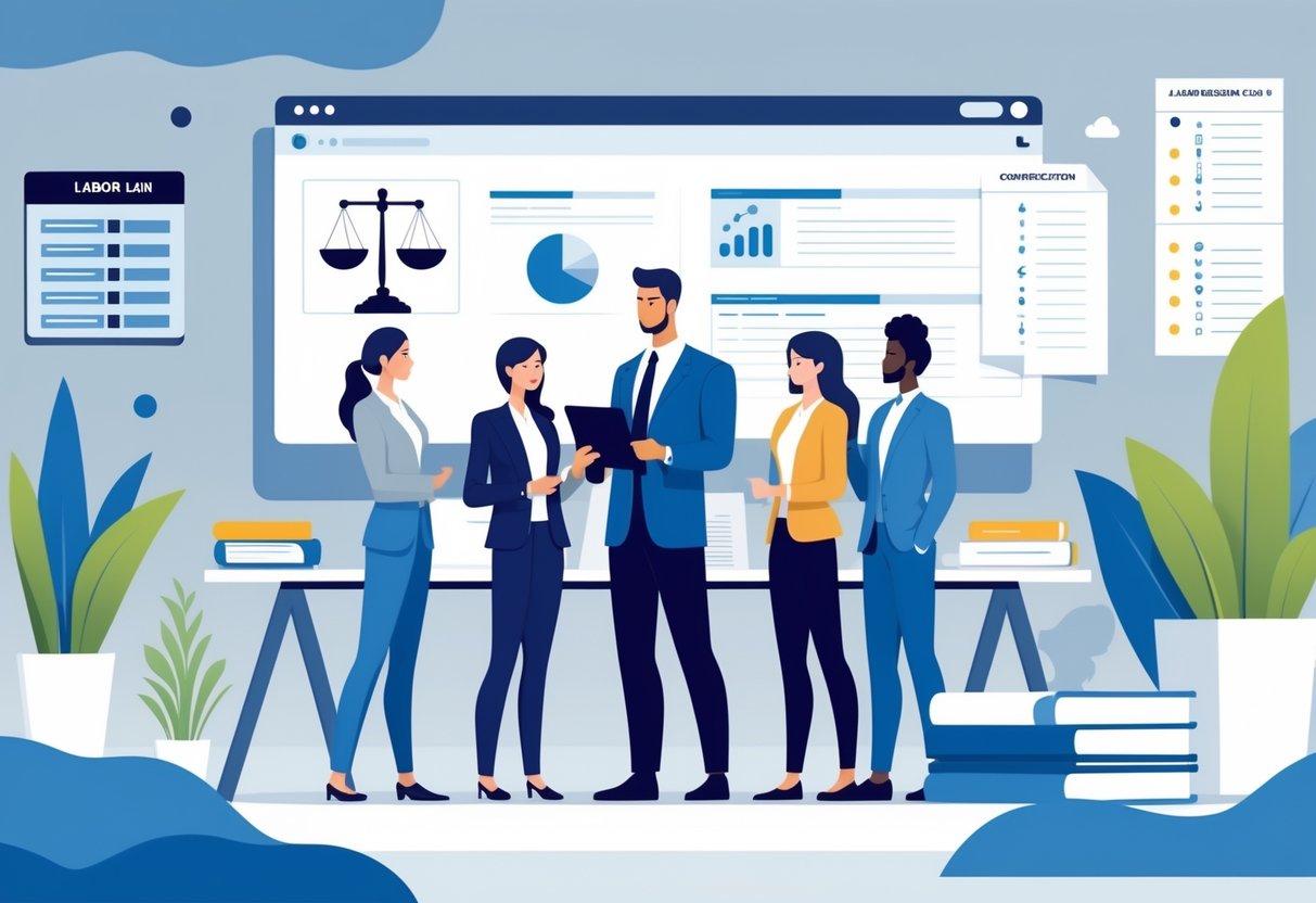 A human resources manager discussing documents with team members in an office, with symbols representing legal compliance and teamwork in the background.