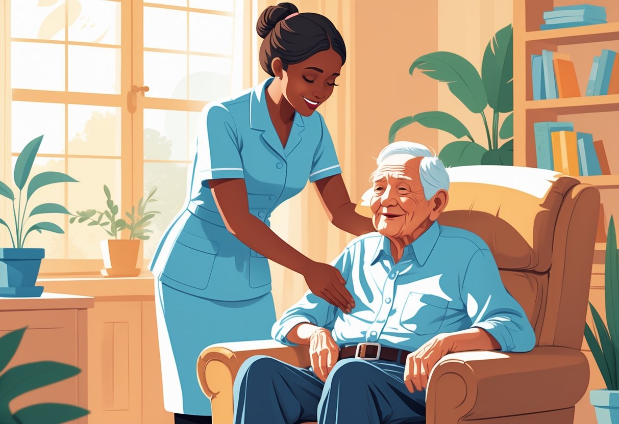 11 Professional Caregiver Cover Letter Examples for 2025: Expert Templates and Writing Tips 4 A caregiver gently assisting an elderly person sitting in a comfortable chair inside a cozy home.