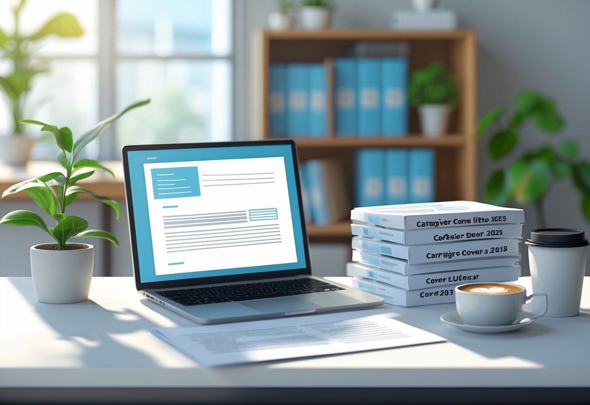 11 Professional Caregiver Cover Letter Examples for 2025: Expert Templates and Writing Tips 5 A tidy office desk with a laptop, papers about caregiver cover letters, a coffee cup, and a plant in a well-lit room.