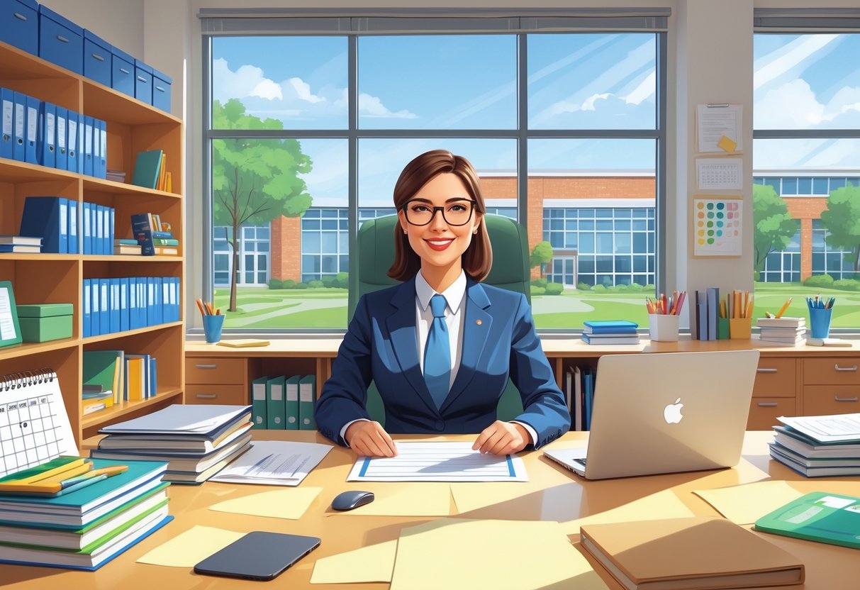 Professional School Administrative Cover Letter Tips for Strong Applications 1 A school administrator sitting at a desk in an office with educational books and a school building visible through the window.