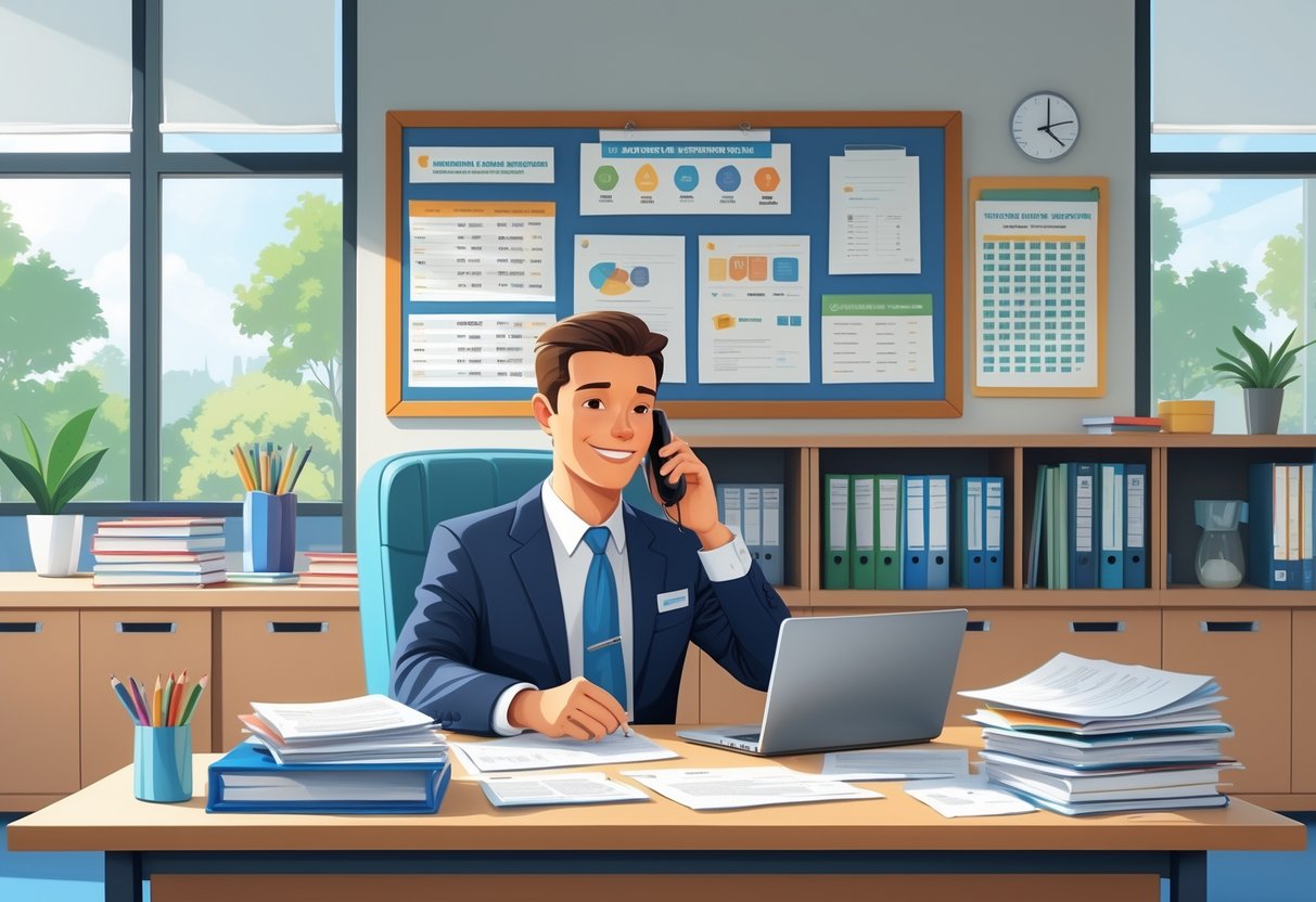 Professional School Administrative Cover Letter Tips for Strong Applications 2 A school administrator at a desk in an office with paperwork, a laptop, and educational materials, appearing focused and professional.
