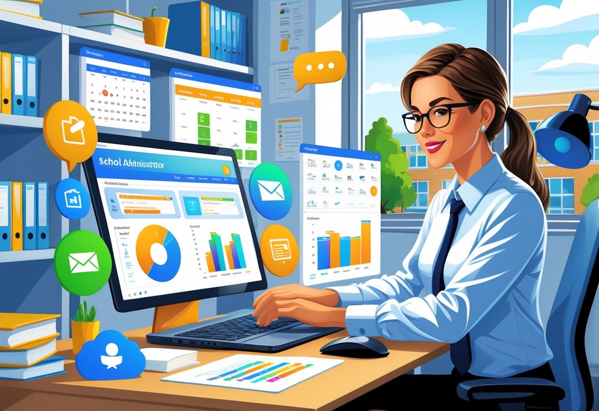 Professional School Administrative Cover Letter Tips for Strong Applications 4 A school administrator working at a desk with a laptop showing educational software, surrounded by office and school management elements.