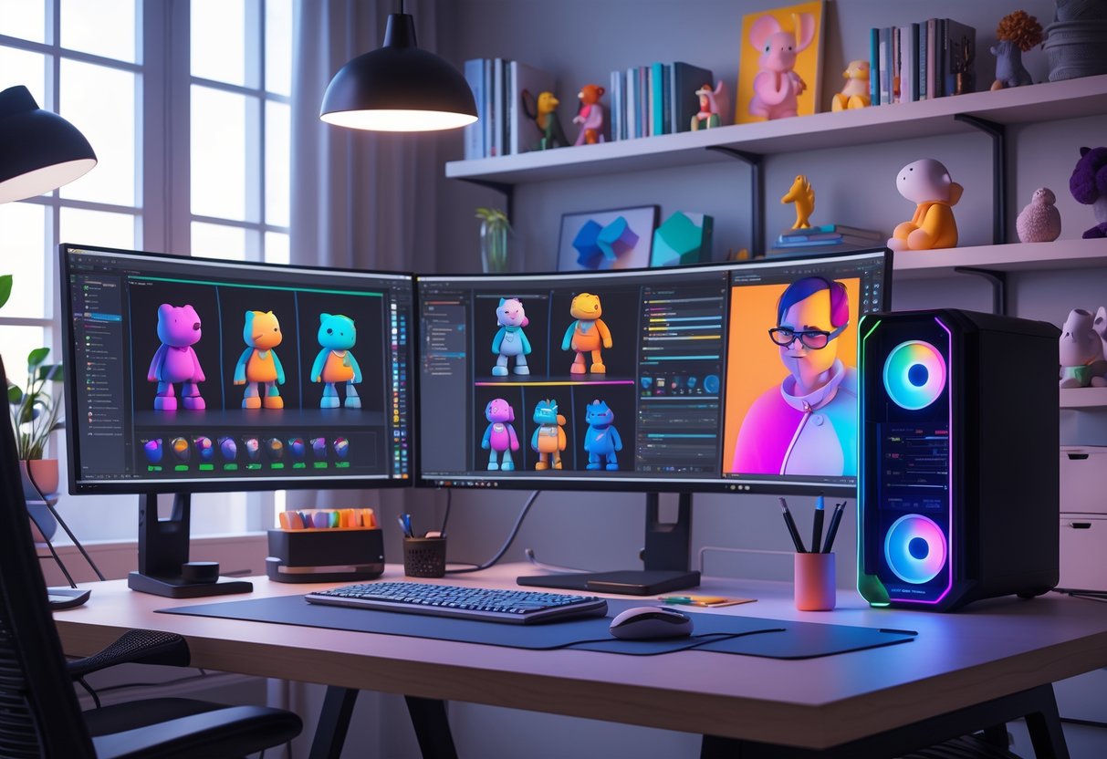 7 3D Artist Resume Examples & Guide for 2025: Templates, Tips, and Essential Skills 1 A modern workspace with multiple monitors showing 3D models, digital art tools, and shelves with art books and figurines.
